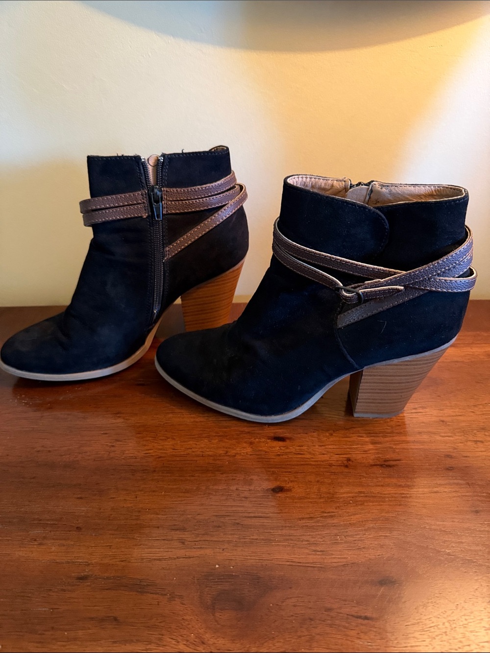 JustFab Black Suede Ankle Booties with Brown Wrap Strap
